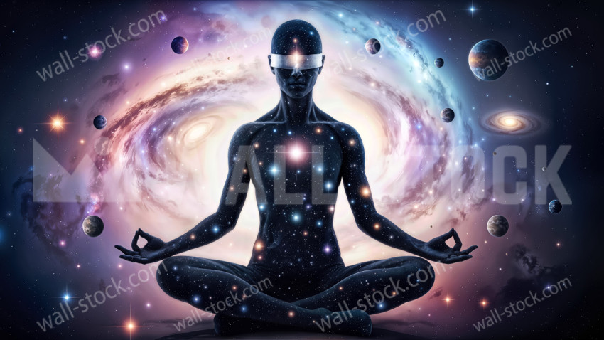 Meditating Cosmic Figure Surrounded by Planets and Galaxies