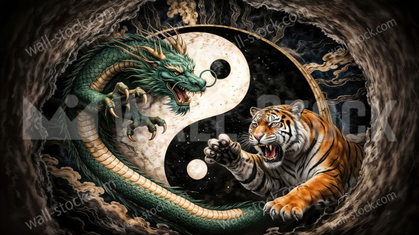 Dragon and Tiger Facing Off Inside Yin Yang Symbol Tunnel
