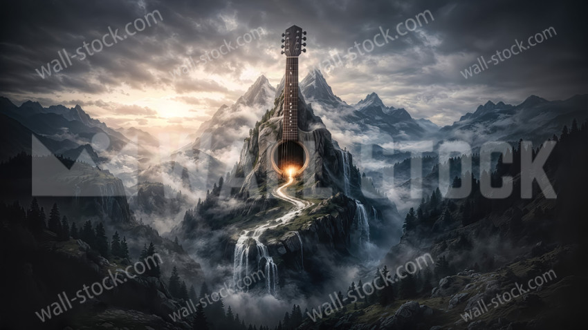 Giant Guitar Shaped Mountain Peak with Glowing Sound Hole and Waterfall Path