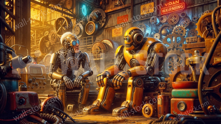 Two Robots Having a Conversation Inside a Busy Mechanical Workshop