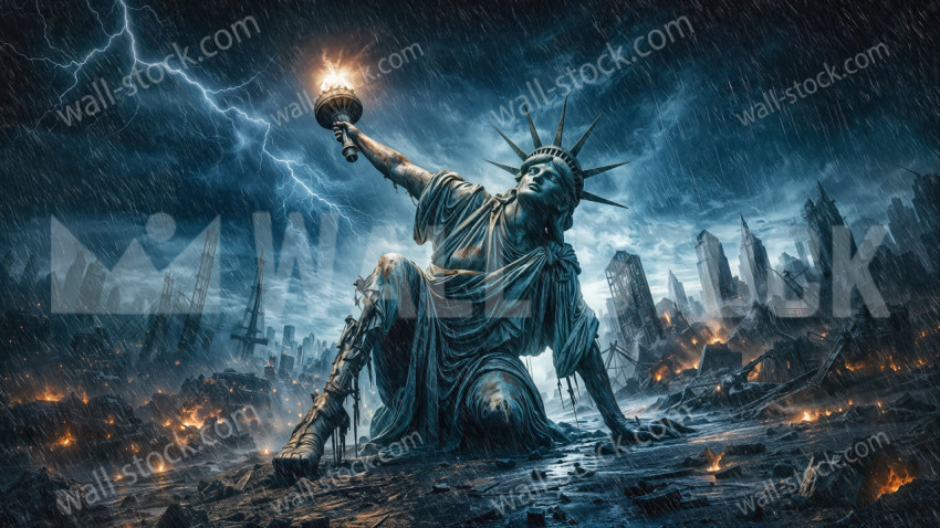 A large broken Statue of Liberty statue kneels among city ruins and rain, holding a lit torch