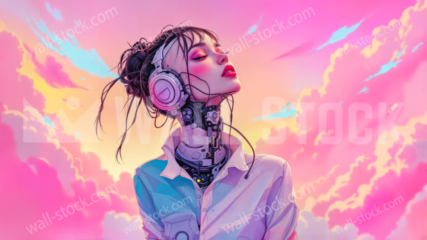 A female cyborg with messy hair in a bun wearing over-ear headphones looks upwards against a vibrant pink cloudy sky