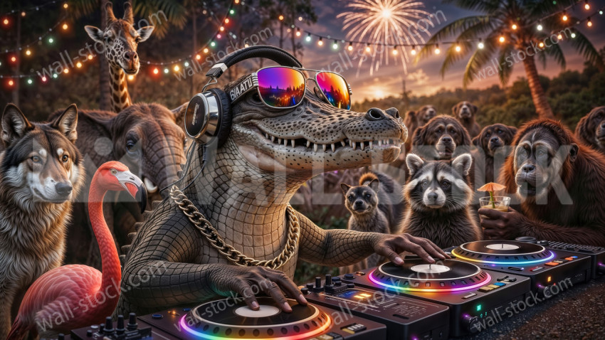 An alligator DJ plays music on turntables for a crowd of various animals in a tropical outdoor setting at night