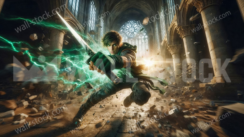 Warrior with Magic Sword in Gothic Cathedral