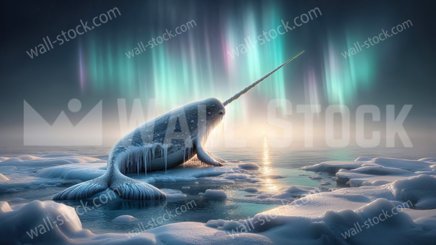 Narwhal on Ice Under Northern Lights