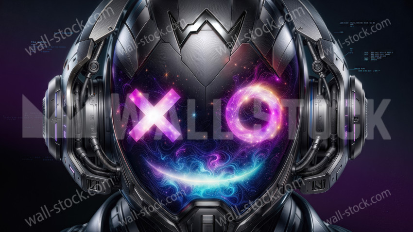 Futuristic Robot Listening to Music With Neon X O Face Helmet