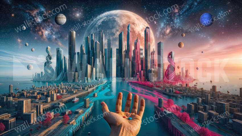 A human hand holding a red and a blue pill in front of a futuristic divided city under a starry space sky with planets