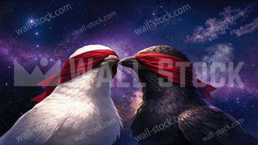 Two Blindfolded Birds with Cosmos in the Background