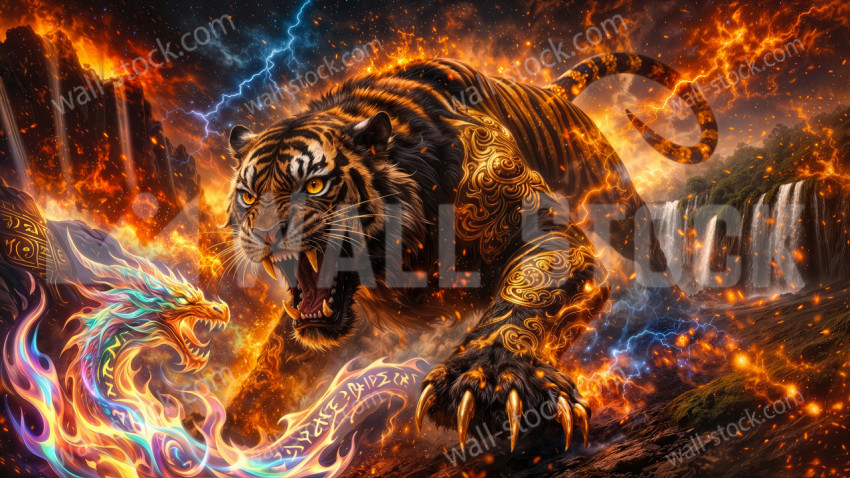 Golden patterned tiger and fire dragon clashing in the storm