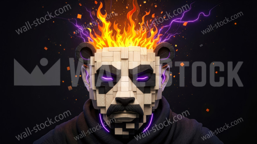 Flaming wooden block panda head