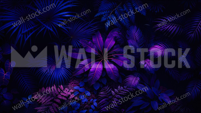 Tropical palm leaves with purple and blue neon light