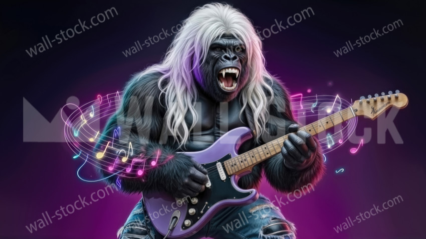 Gorilla with long white hair playing a purple electric guitar