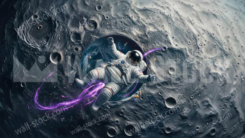 Obese astronaut floating above the Moon with a purple energy trail